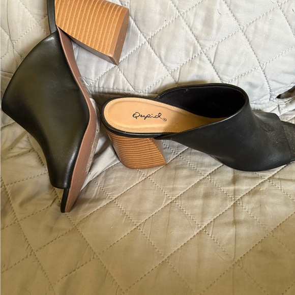 Cupid Shoes - Cupid Black Mules with Tan Block Heel